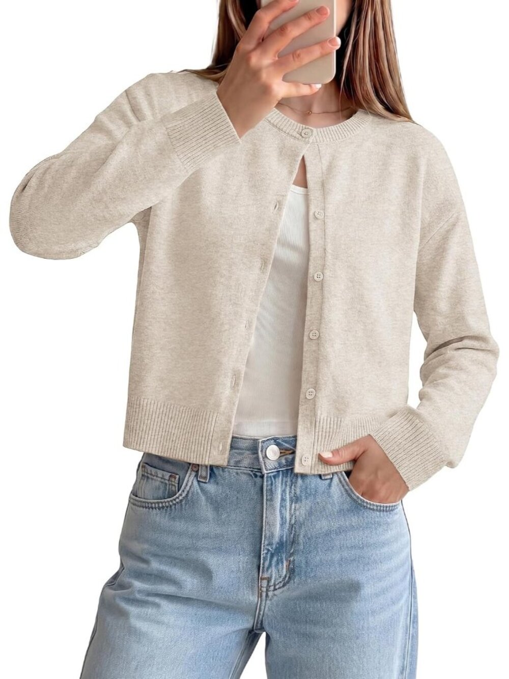 🆕Women's Beige Cropped Knit Cardigan Sweater Crew Neck Button Front Jacket